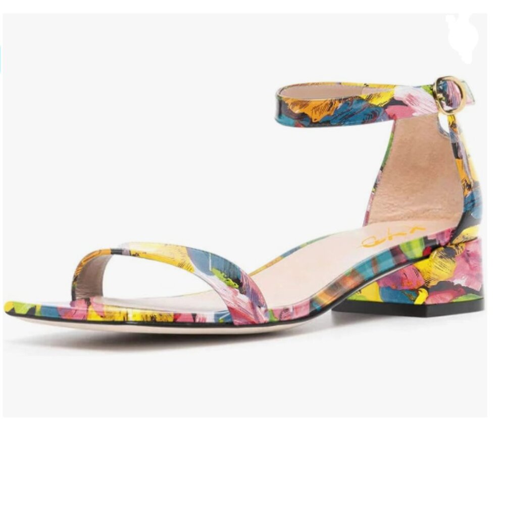 XYD Painting Open Toe Ankle Strap Buckled Low Chunky Heel Sandals for Wedding